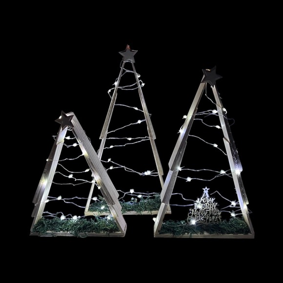 Set of 3 Rustic Wooden Christmas Trees with Lights, 10, 13.5, 15 in. Heights - Picture 13 of 13